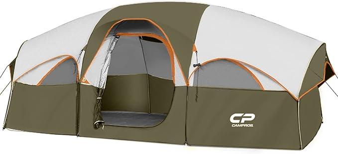CAMPROS CP Tent 8 Person Camping Tents Weather Resistant Family Tent 5 Large Mesh Windows Double Layer Divided Curtain for Separated Room Portable with Carry Bag