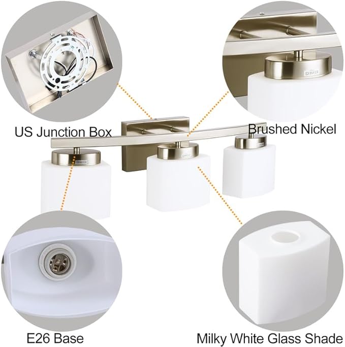 3 Light Bathroom Vanity Light Over Mirror Modern Brushed Nickel Vanity Lights with Milky Glass Shade 23 inches Vanity Lighting Fixtures for Bathroom Lighting