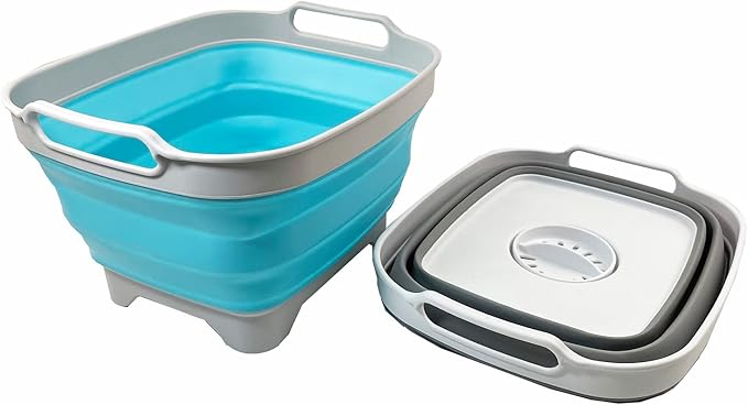 SAMMART 7.5L (2 Gallons) Collapsible Dishpan with Draining Plug - Foldable Washing Basin - Portable Dish Washing Tub - Space Saving y (Grey + Cyanine 2)