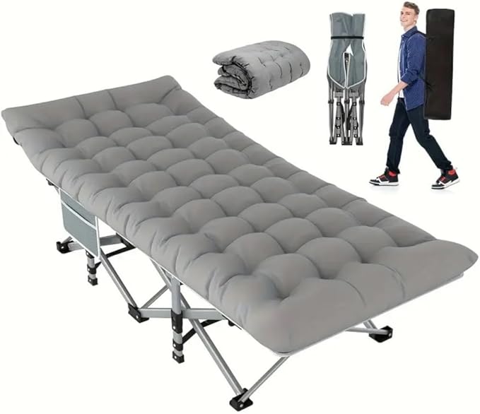 Comfortable and Soft Folding Bed Portable Camping cot with Side Pockets and Mattress Extra-Thick Oversized Folding Bed Weight Capacity of 500/600/700 lbs (Grey 700lbs)