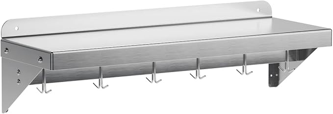 12 x 36 NSF Certified Stainless Steel Wall Mount Shelf - Multifunctional Metal Storage Rack with Backsplash and 6 Hooks