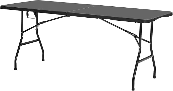VEVOR Folding Table Heavy Duty Portable Fold-in-Half Utility Table Indoor Outdoor Plastic Rectangle Table with Built in Handle for Party Dining Wedding Events Picnic Camping 6 ft Black