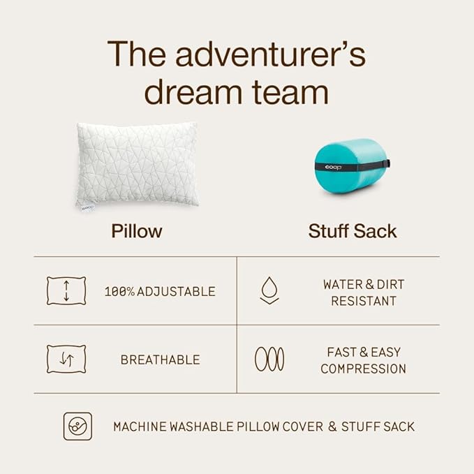 Coop Home Goods Original Adjustable Travel Pillow and Waterproof Pillow Protector Grey Bundle with Compressible Stuff Sack Medium-Firm Memory Foam and Washable Cover CertiPUR-US Certified (19x13)