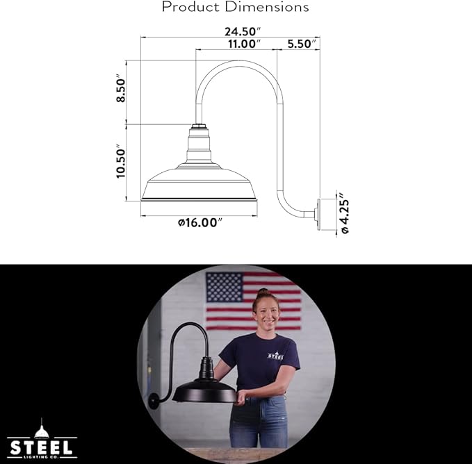 Steel Lighting Co. Gardena Barn Light | Outdoor Wall Mounted | 16 Dome | Upslope Gooseneck | Farmhouse Light Made in America | White Exterior/White Interior