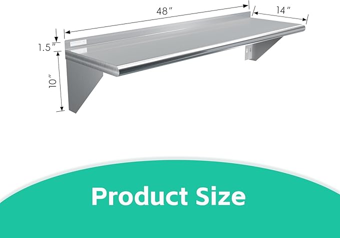 STABLEINK Stainless Steel Shelf 14x48 inches Heavy Duty Commercial Shelves Wall Mount Metal Shelving for RestaurantKitchenLaundry RoomGarageHome