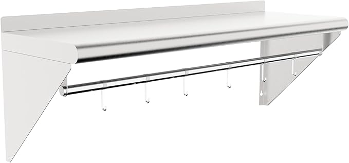12''x48'' Wall Mounted Stainless Steel Shelf with Suspension Rod NSF Commercial Metal Wall Mounted Floating Shelf for Kitchens Restaurants Food Trucks Garages Homes and Hotels