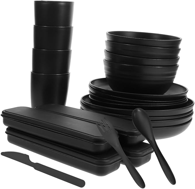 4sets Person Tableware Reusable Camping Dishes with Bowls Plates and Utensils for Outdoor Picnics and Parties