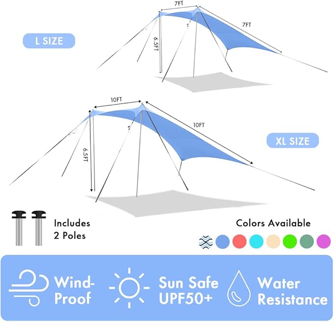 Beach Shade Windproof Design Sun Shelter UPF50+ Portable Family Tent with 6 Sandbags Anchors 7x7 FT 2 Pole Pop Up Outdoor Shelter for Beach Camping Fishing Backyard and Picnics