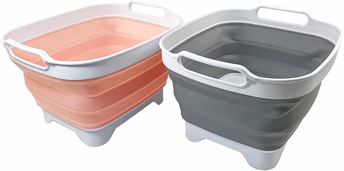 SAMMART 7.5L (2 Gallons) Collapsible Dishpan with Draining Plug - Foldable Washing Basin - Portable Dish Washing Tub - Space Saving y (Grey + Pearl Blush 2)