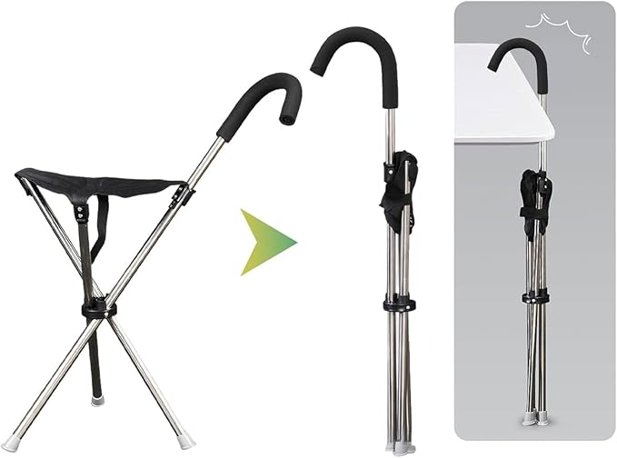 Portable Walking Stick Seat with 3-Leg Stability &amp Anti-Slip Pad for Hiking Fishing and Senior Light Weight Trekkings Rod Chair