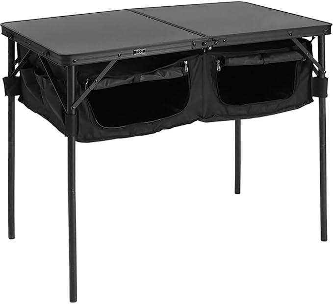 DOD Good Luck Table - Folding Camping Table with 66 LBS Capacity - Folding Camp Table Storage Shelves Height Adjustable Legs - Picnic for Outdoor Camping BBQ Beach - Black