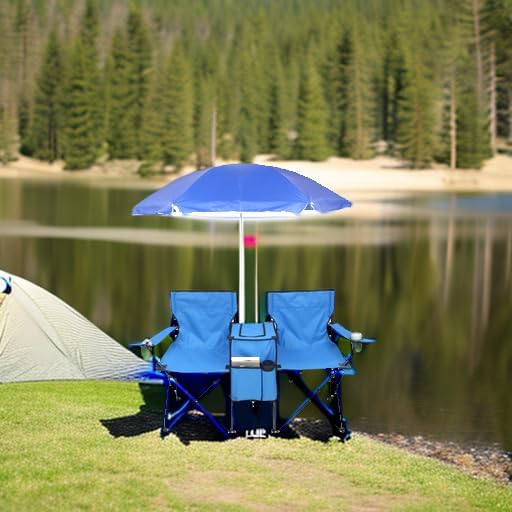 Outvita Folding Double Camping Chair w/Umbrella Beverage Holder Carrying Bag Cooler Fold Up Table Large Bearing Capacity for Beach Patio Pool Park Outdoor Blue
