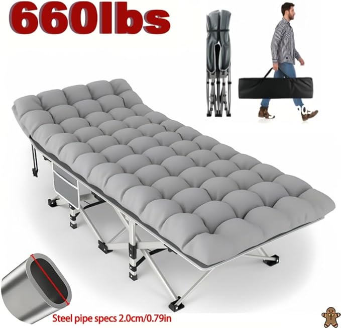 560-760 pounds Portable Folding Camping Bed (with Mattress) - Can be Used as a Recliner - Breathable Fabric Thick Steel Frame (Gray660 lbs)