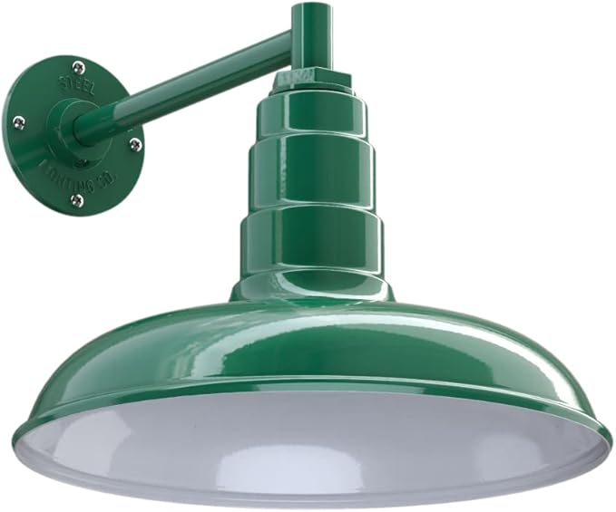 Steel Lighting Co. Topanga Barn Light | Outdoor Wall Mounted | Farmhouse Garage Light Made in America | 14 inch Dome | 11 inch Straight Arm | Green Exterior/White Interior