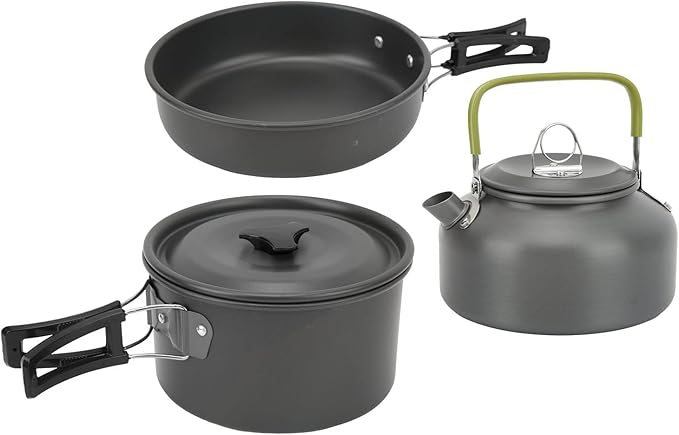 Camping Cookware Mess Kit Portable Set Hard Oxidized Aluminum Lightweight Black - Non Stick Surface Folding Utensils Ideal for Backpacking and Outdoor Cooking