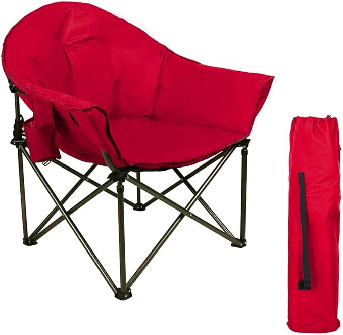 HIGH POINT SPORTS Padded Oversized Folding Camping Chair Portable Moon Saucer Chair Round Outdoor Chair with Cup Holder and Carry Bag for Adults Hiking Camping Fishing Red