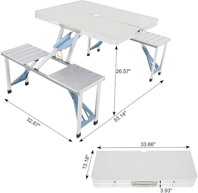Vasitelan Folding Camping Picnic Table with Seats/Umbrella Hole Lightweight and Fold Up Card Suitcase Table Aluminum Alloy Frame RV Tabletop with Soft Handle (Style 1)