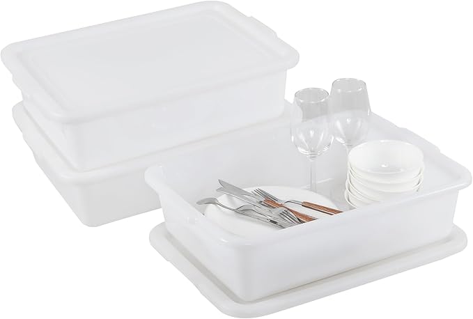 3-Pack 13 L Plastic Commercial Bus Tub with Lid Restaurant Dish Tub White