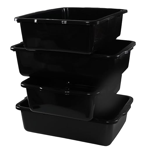 4-Pack 32 Liter Large Black Bus Tubs Commercial Plastic Bus Trays