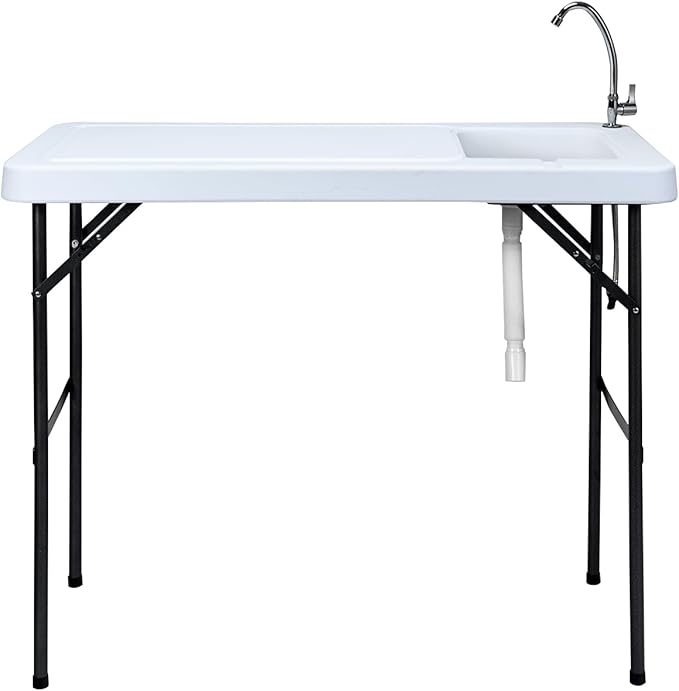 Fish Cleaning Table with Sink Portable Camping Table w/Flexible Faucet Drainage Hose Hook Up Outdoor Fish Cleaning Station for Garden Backyard Kitchen