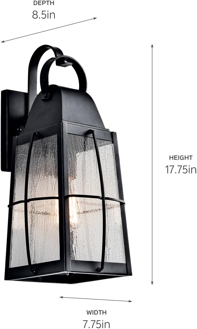 Kichler Tolerand 17.75 Outdoor Wall Light in Textured Black 1-Light Exterior Wall Sconce Porch Light with Clear Seeded Glass (17.75 H x 7.75 W) 49553BKT