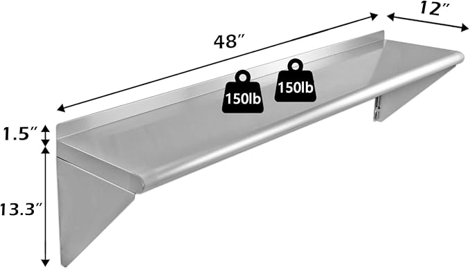 12''x48'' - 2packs Wall Mounted Stainless Steel Shelf NSF Commercial Metal Wall Mount Floating Shelving for Kitchen Restaurant Food TruckGarageWashroomsHome&ampHotel