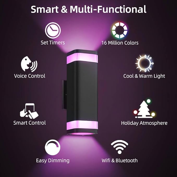 SHIMR Smart RGB Outdoor Wall Light WiFi App Control Color Changing Up Down Exterior Sconce with Dusk to Dawn Sensor Waterproof LED Wall Mount Light Fixture Works with Alexa &amp Google Black Fini