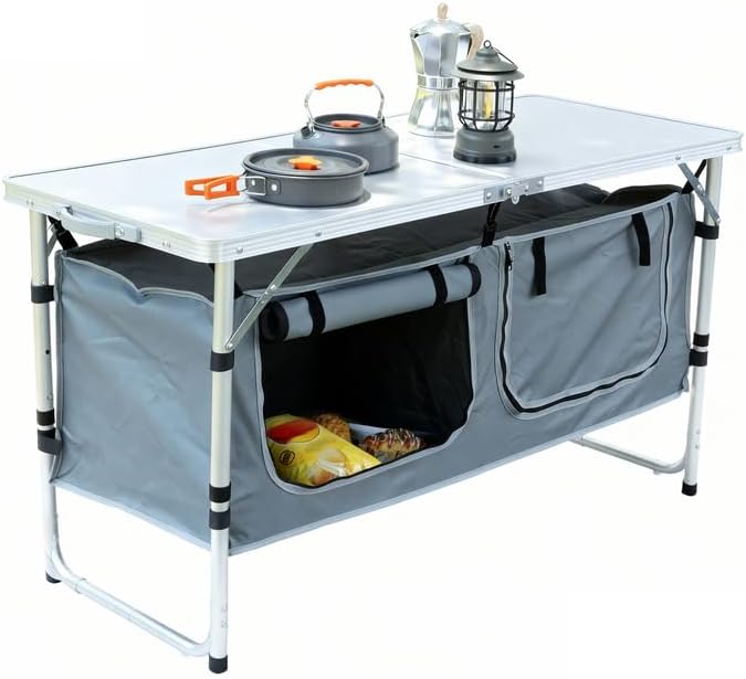 Camping Table Folding Camping Table with Storage Portable Kitchen Table Lightweight 3 Heights Adjustable Camping Furniture for BBQ Picnic Camping Hiking Beach and Indoor