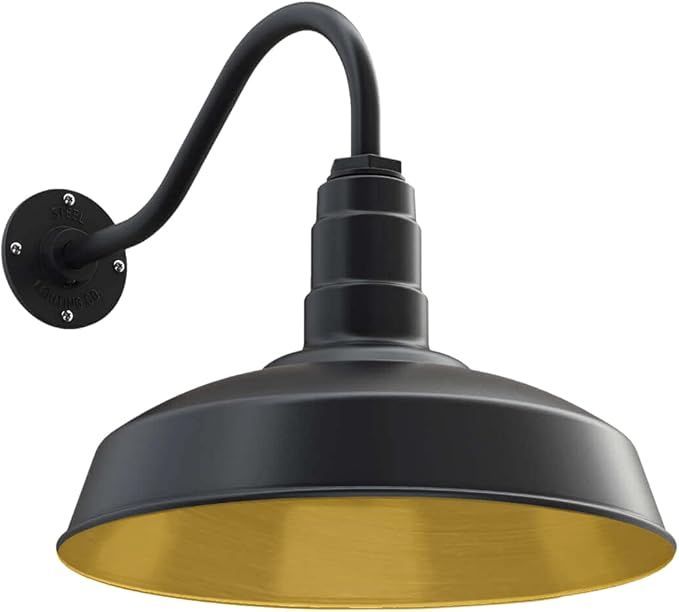 Steel Lighting Co. Gardena Barn Light | Outdoor Wall Mounted | 16 Dome | 16 Gooseneck | Farmhouse Light Made in America | Matte Black Exterior/Brass Interior