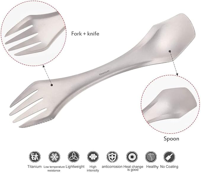 Camping Titanium Spoon Fork Knife Combo 3-In-1 Outdoor Cutlery Combo Lightweight Flatware Eco-Friendly Tableware for Hiking Office Travel Picnic Dishwasher Safe 2pack