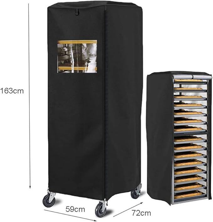420D Waterproof and Dustproof Bun Rack Cover with PVC Window for 59x72x163cm Commercial Bakery Pan Rack Black Polyester Fabric Outdoor Protection