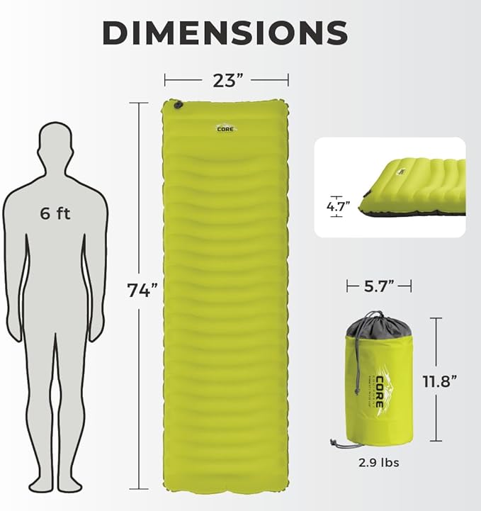 CORE Sleeping Pad for Camping | Perfect Ultralight Sleeping Mat for Tents &amp Camping Gear | Lightweight &amp Inflatable Blow Up Mattress for Travel Hiking &amp Outdoor Use