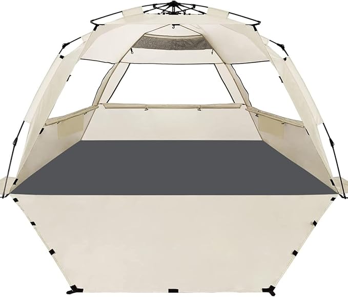 WhiteFang Deluxe Pop Up Beach Tent Sun Shade Shelter for 3-4/5-6 Person UV Protection Extendable Floor with 3 Ventilating Windows Plus Carrying Bag Stakes and Guy Lines