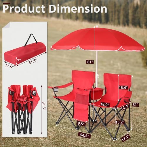 Camping Chairs Folding Double Chair with Removable Umbrella Cup Holders Cooler Bag Side Pocket &amp Carry Bag for Beach Outdoor Sports Concerts Travel Picnic