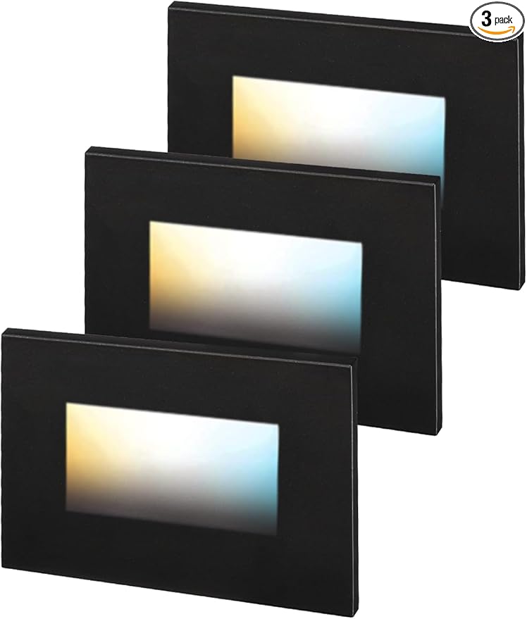 LEONLITE Black 5CCT 120V LED Step Lights 3.5W 150LM 5%-100% Dimmable Horizontal Stair Lights Indoor Outdoor Wet Location CRI90+ &amp ETL 2700K/3000K/3500K/4000K/5000K Aluminum Pack of 3