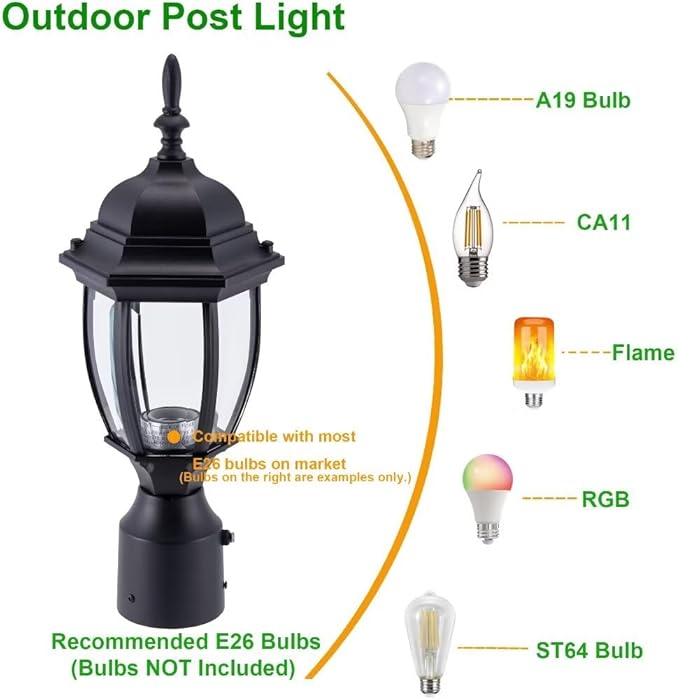 LIT-PaTH Dusk to Dawn Outdoor Post Lighting Fixture Pole Lantern E26 Medium Base Max 60W Aluminum Housing Plus Glass Bulb Not Included (Black 2-Pack)