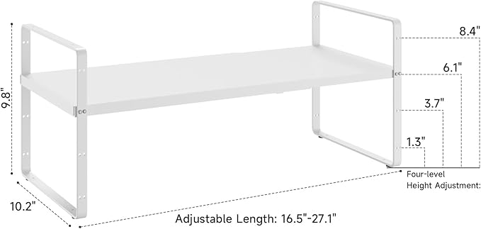 16.5~27.1 Expandable Shelf Organizer 1Pack 10.2 Wide Stackable Cabinet Shelf Organizers White Metal Sturdy Kitchen Counter Storage for Countertop Adjustable Height Spice Rack