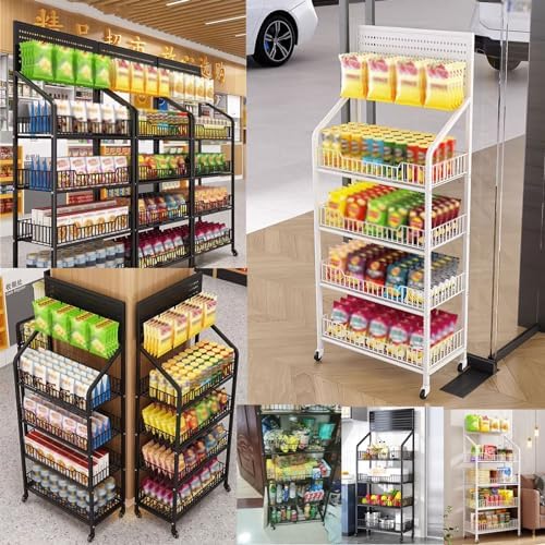 Store Display Rack Wall Mounted Storage Rack Supermarket Convenience Store4-Tier Floor-Standing Snack Shelf Organizer with 15 Hooks Supermarket Vegetable Display Rack for Kitchen &amp Conveni