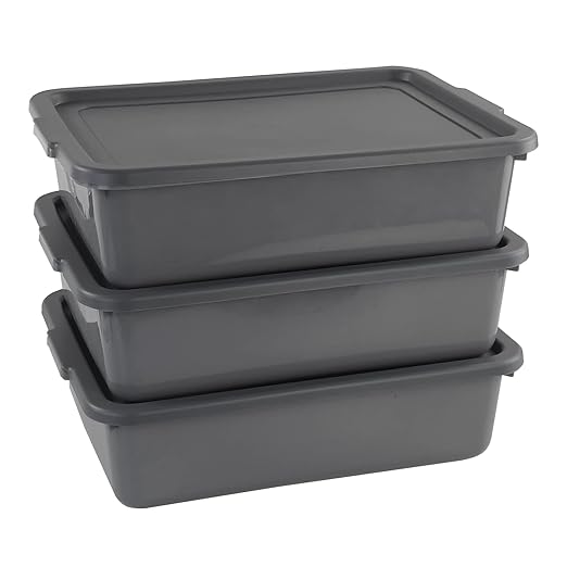 3-Pack 13 L Plastic Commercial Bus Tub Gray Bus Box with Lid