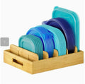 Bamboo Lid Organizer Kitchen Pantry Lids Holder with 5 Adjustable Dividers for Cabinets Food Storage Container Organizers