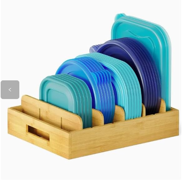 Bamboo Lid Organizer Kitchen Pantry Lids Holder with 5 Adjustable Dividers for Cabinets Food Storage Container Organizers