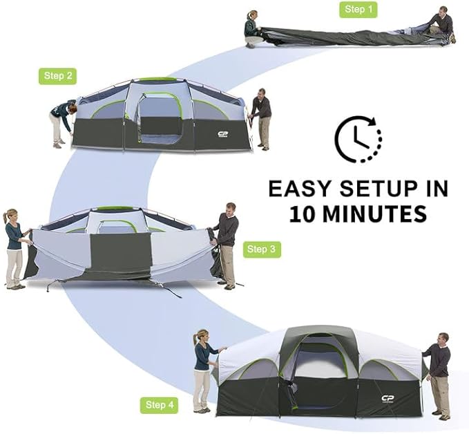 CAMPROS CP Tent 8 Person Camping Tents Weather Resistant Family Tent 5 Large Mesh Windows Double Layer Divided Curtain for Separated Room Portable with Carry Bag