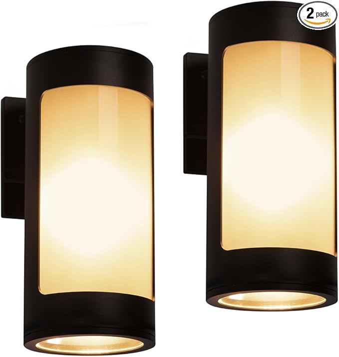 Cerdeco Black Outdoor Wall LightsCylinder Stainless Steel Porch Light with Frosted GlassModern Outdoor Wall Sconces2 Pack
