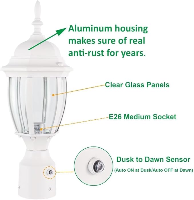 LIT-PaTH Dusk to Dawn Outdoor Post Lighting Fixture Pole Lantern E26 Medium Base Max 60W Aluminum Housing Plus Glass Bulb Not Included (White 2-Pack)