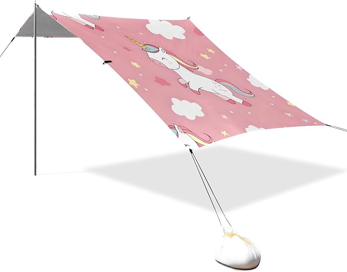 Cartoon Cute Unicorn Camping Sun Shelter Beach Tent Portable Beach Sun Shade Outdoor Canopy for Camping Trips Fishing Picnic