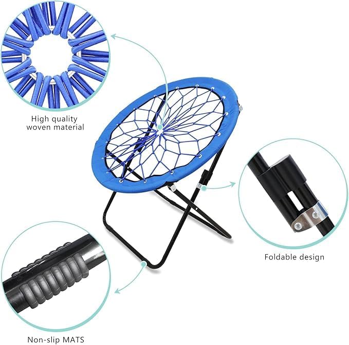 2 Pack Bungee Bunjo Folding Chair Saucer Dish Chair Bunjo Chair Outdoor Indoor Use for Camping Game&amp Recreation Room Livingroom Study (BLUE-2PK)