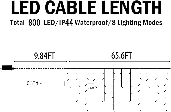 Hezbjiti Christmas Lights Decorations Outdoor 800 LED 65.6 FT 8 Modes 150 Drops Fairy String Curtain Lights for Christmas Decor Eaves Window Party Yard Garden Indoor (Cold White)