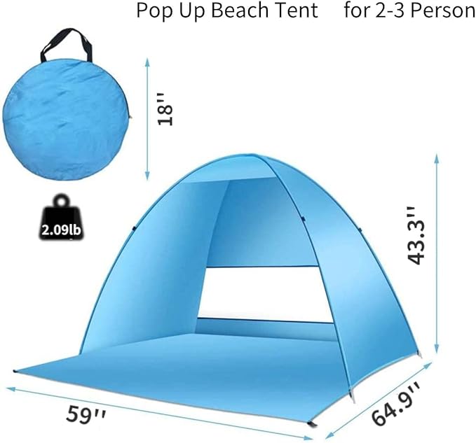 Pop Up Beach Tent –for 2-3 Person UPF 50+ UV Sun Protection Beach Shade Tent Pop Up Sun Shelter with Carry Bag and Stakes for Beach Park Camping (Large)