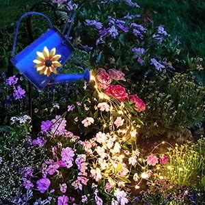 Blue Solar Watering Can with LightSolar Powered Waterfall Lights 1 Pack 60 LED(Includes Shepherd Hook) for GardenYard Path Christmas Holiday Decoration