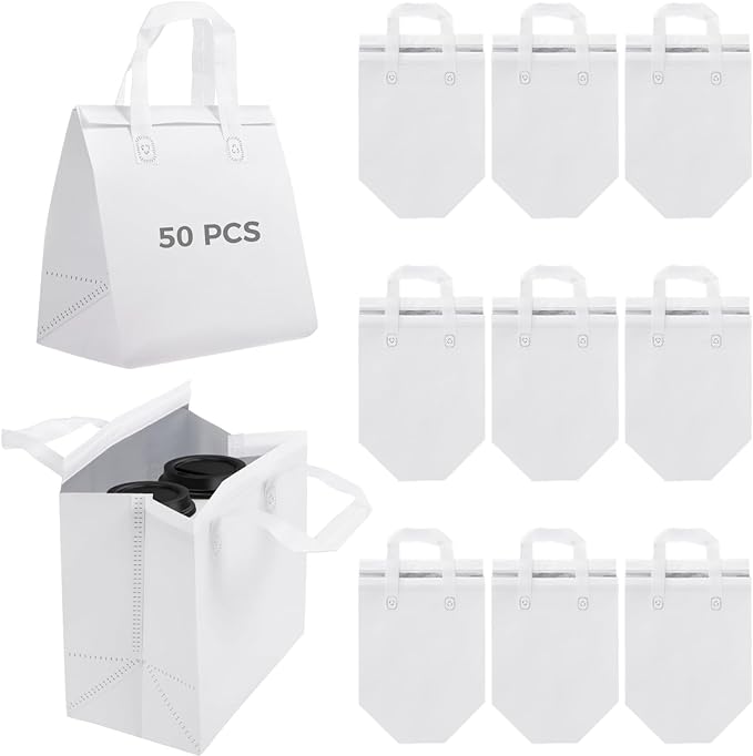 OMISTAR 50 PCS Insulated Take Away Bags 9.5x6x9.5 Thermal Containers - Commercial Grade Hot/Cold Pouches for Coffee Pizza &amp Grocery Delivery Professional Food Carriers
